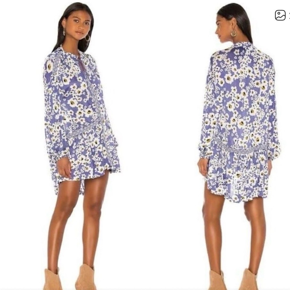 Free People Floral Long Sleeve Dress in Blue and White